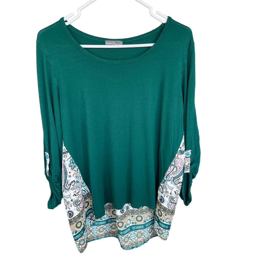 Market & Spruce Top Womens Large Green Floral Paisley Rolltab Blouse
